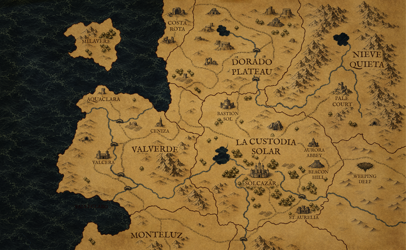 Campaign map showing the kingdoms, cities, and regions of Sol Elegy